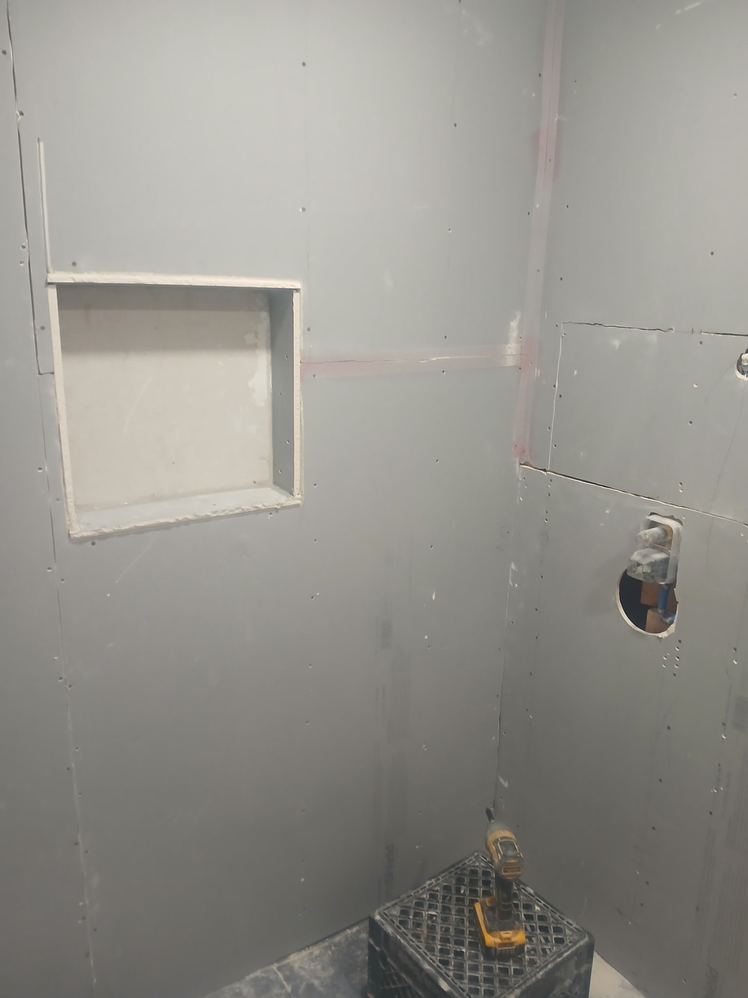 Shower before — waterproof cement board with niche framing